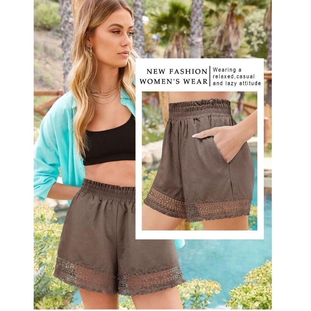 Women Hollow Out Ruffle High Waisted Smocked Pocket Shorts - Picture 3 of 6